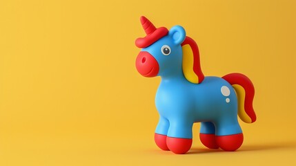 A colorful toy unicorn with a blue body, red hooves, and a red mane and tail, standing against a yellow background