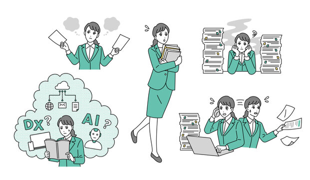 忙しい経理職のビジネスパーソンの様々なビジネスシーンのイラストセット