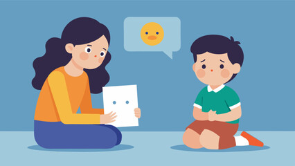 Two participants sit facing each other one holding a picture of a crying child while the other listens attentively and responds with words of comfort demonstrating empathy in. Vector illustration