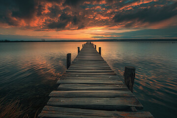 Fototapeta premium Wooden pier stretches out towards a fiery sunset over calm ocean waters, Wooden pier stretches out towards a fiery sunset over calm ocean waters