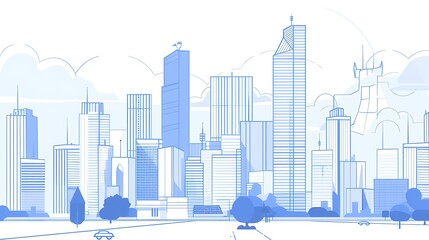 A beautiful cityscape in shades of blue. The tall buildings are drawn in a simple, modern style, and the sky is a light blue with a few clouds.