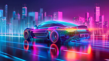 Electric car with a holographic interface displaying pride colors, driven by a transgender person through a digital cityscape --ar 16:9 --style raw