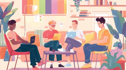 An inclusive remote work environment with LGBTQ employees connecting from various European locations. --ar 16:9 --style raw Job ID: 8d0483fe-d0af-49dc-a709-bbee597fee63