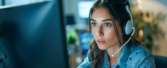 Focused customer service representative wearing a headset at work