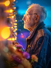 Obraz premium Elderly Israeli Veteran Reflects at Memorial Wall with Flowers and Candles During Evening, Symbolizing Remembrance and Honor