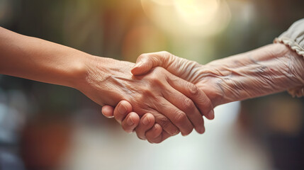 Taking care of the elderly concept with young woman holding the hand of a senior