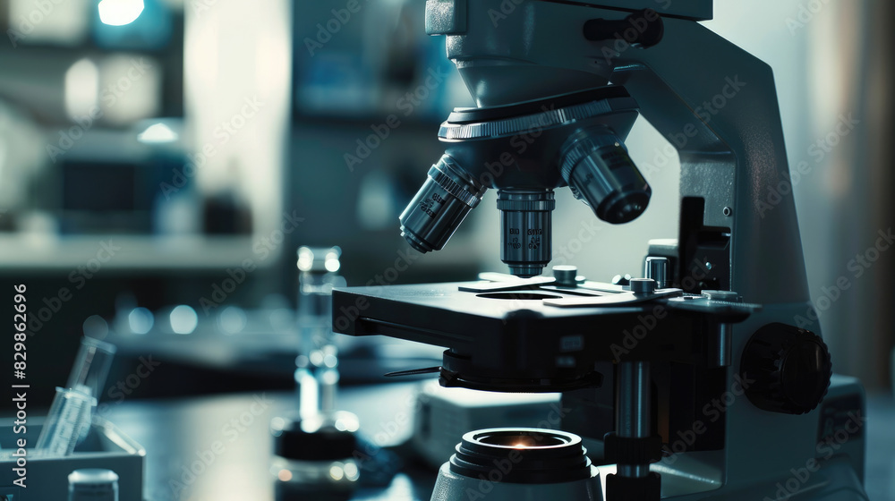 Wall mural close-up view of laboratory microscope with scientific instruments