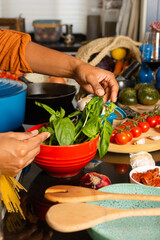 Close up of a woman's hand picking fresh basil leaves from a cup on the kitchen counter