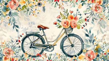 Fototapeta premium Vintage Bicycle Adorned with Vibrant Floral Bouquet in Lush Botanical Setting