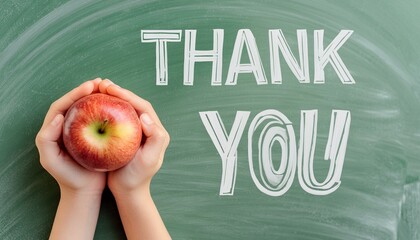 Thank you written on a chalkboard in chalk, a child hands holding an apple. Teacher appreciation, back to school concept.