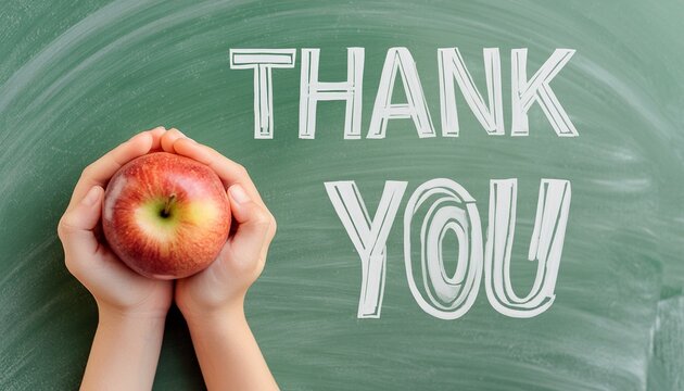Thank you written on a chalkboard in chalk, a child hands holding an apple. Teacher appreciation, back to school concept.