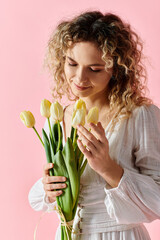 Woman holding yellow tulip bouquet on pink backdrop.