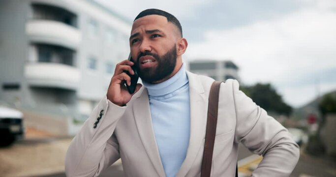 Businessman, smartphone and phone call for planning, schedule and business meeting time. Lawyer, communication and technology for watch, conversation and mobile app for appointment in town or city
