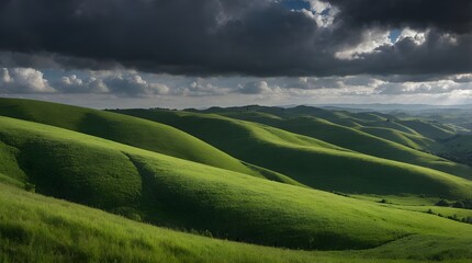 Obraz premium A panoramic view of rolling green hills under a dramatic cloudy sky 