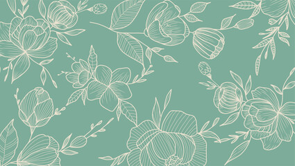 Simple monochrome two-color seamless pattern with flowers silhouette.