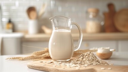 Glass jug with oat milk on a kitchen table, oat flakes around, tasty, healthy & vegan