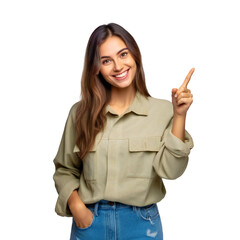 Smiling woman pointing up in casual outfit transparent background