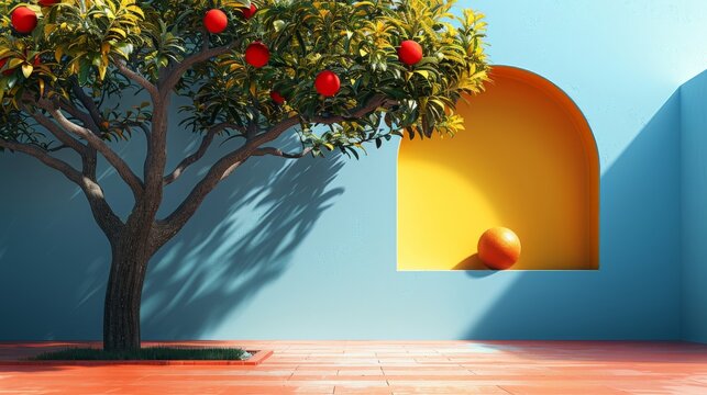 Create an anamorphic art piece in a minimalist style. Use basic shapes and strategic placement to create an image that only comes together when viewed from a specific angle. Employ a limited color