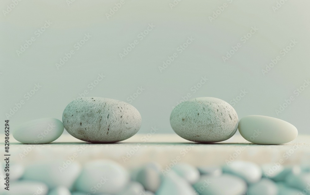 Poster Abstract Minimalist Composition with Symmetrical Pebble Forms in Soft Beige and White Tones, Captured with Long Exposure and Wide-Angle Lens