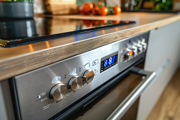 Detailed view of an oven with a clock on its display, showing the time