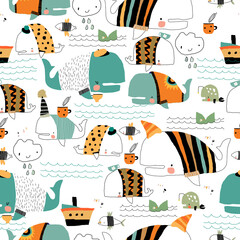 Vector Seamless Pattern with Cartoon Funny Whales wearing Sweaters