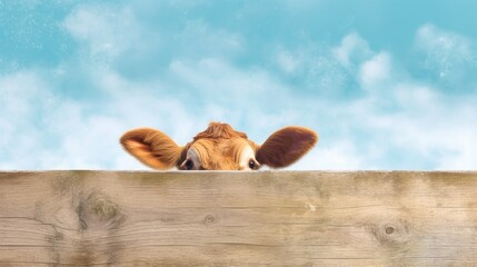 Obraz premium close-up cow peeking out from behind a wooden horizontal plank, on a pale blue background