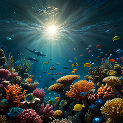 A photorealistic plunge into the ocean's depths. Sunlight filters through pristine water, revealing a breathtaking display of marine life