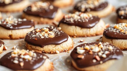 Baking sugar cookies with chocolate dip and hazelnut sprinkle on parchment