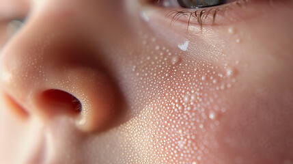 Close-up of a baby's face with a tear and water droplets on the skin, focusing on the eye and nose.