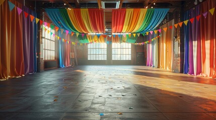 LGBTQA+ , LGBT :  Vibrant LGBTQA+ Social Event Space With Pride Decorations in Hyperrealistic Quality