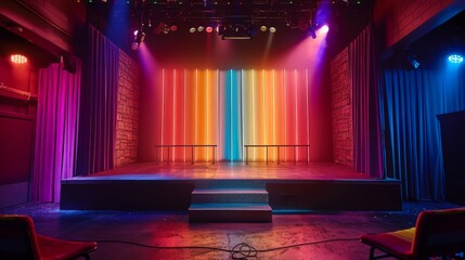 LGBTQA+ , LGBT :  Rainbow Laughter: Vibrant LGBTQA+ Improv Comedy Stage in Photorealistic Detail