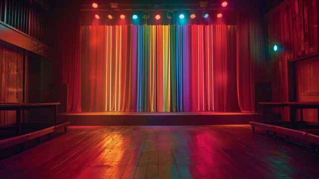 LGBTQA+ , LGBT :  Prideful Laughter: Vibrant LGBTQA+ Improv Comedy Stage in Photorealistic Detail