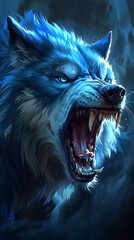 Fierce blue dire wolf snarling, angry wild predator aggressive intimidating, growling powerful beast, canine portrait