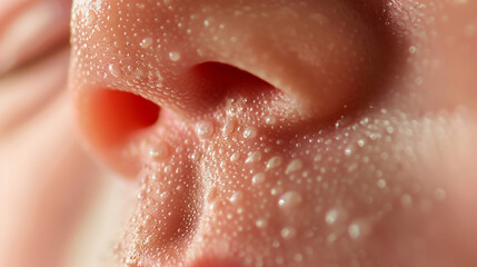 Fototapeta premium Close-up view of a human nose with fine droplets on the skin and detail of pores.