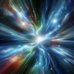 Obraz premium Abstract background in blue green and white neon glow colors. Speed of light in galaxy. Explosion in universe 