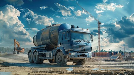 Cement mixer truck stands ready at an industrial building site.