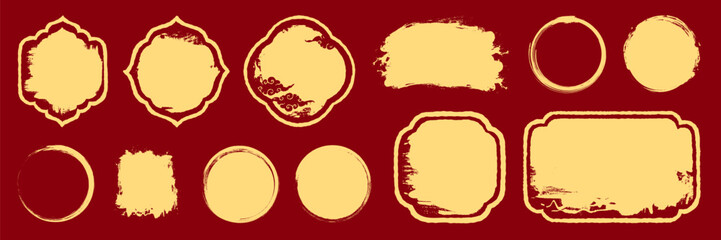 Set of hand drawn traditional chinese frame with ink brush texture. Abstract gold shape with space for text. Vector isolated illustration. No AI.