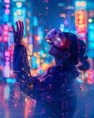 Young Asian Woman Experiencing Virtual Reality Amidst City Lights at Night, Embracing Self-Care with Aromatherapy and Lavender