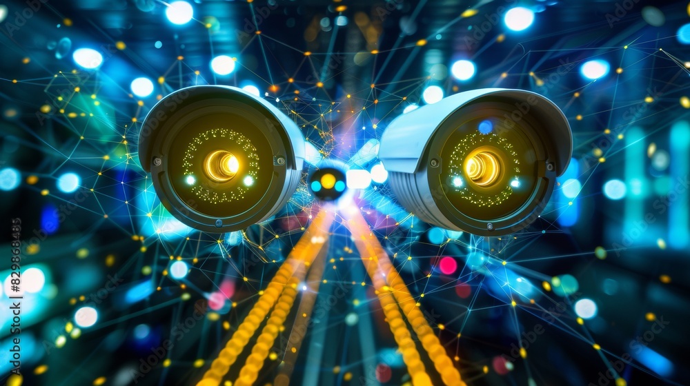 Poster futuristic smart home security system with interconnected cctv cameras and digital network backgroun