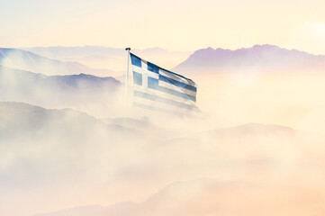 Greece flag disappears in beautiful clouds with fog.