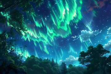 A vibrant aurora borealis dances across the anime night sky.