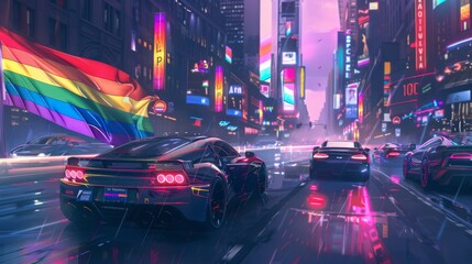 Electric cars decorated with rainbow flags and pride symbols, driving through a futuristic city. Art style: cyberpunk. --ar 16:9 --style raw Job ID: 9aa99909-5c0a-472c-a853-ec722f5ad1c0
