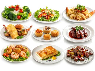 Various plates of food on a white background