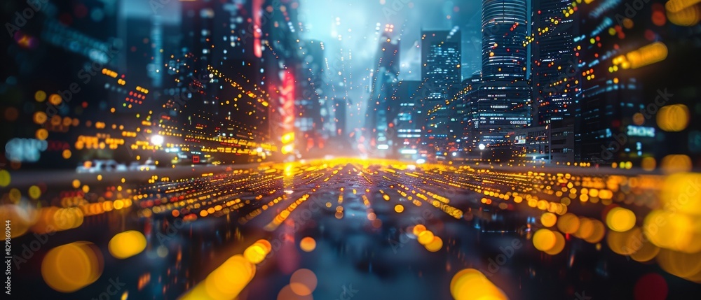Aufkleber vibrant surveillance matrix in urban environment: capturing evening data flow with colorful glitch e