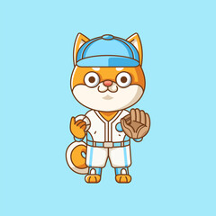 Cute shiba inu dog Baseball player animal kawaii chibi character mascot illustration outline style design