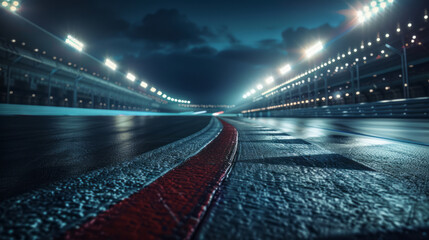 Racing stadium at night with illuminated track and stands