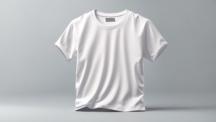 a rendering of a white, short-sleeved t-shirt on a grey background.
