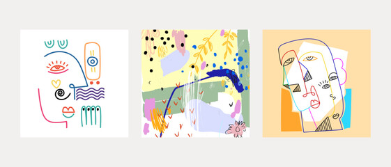 Set of abstract face portrait line art doodle hand drawn wall art background vector illustration. Cubism art, decorative aesthetic.