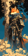 Anime Tarot Fox Knight with ax in Autumn Forest. Generative AI.