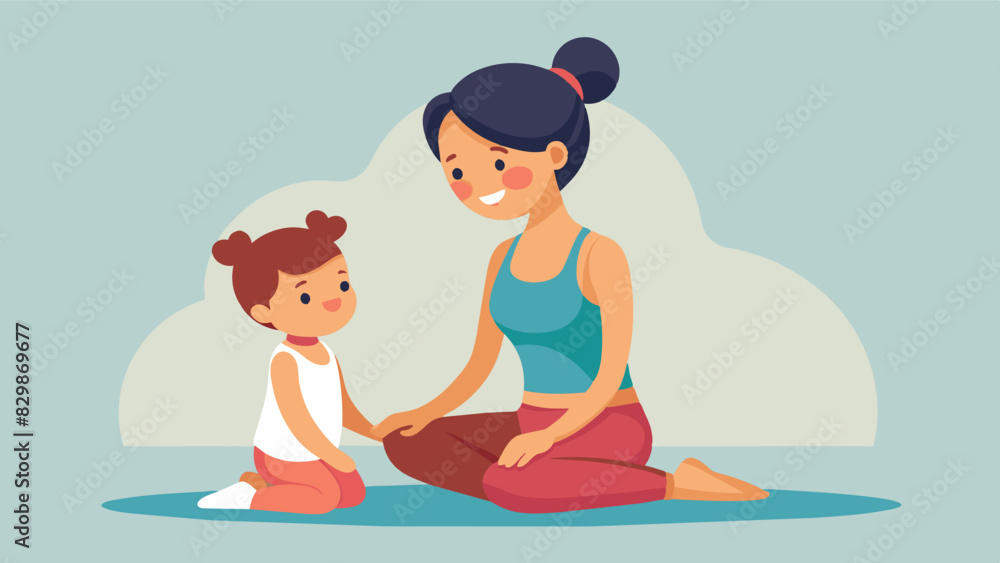 Poster a mother and her toddler both adorned in matching yoga outfits sit facing each other joyfully mimick